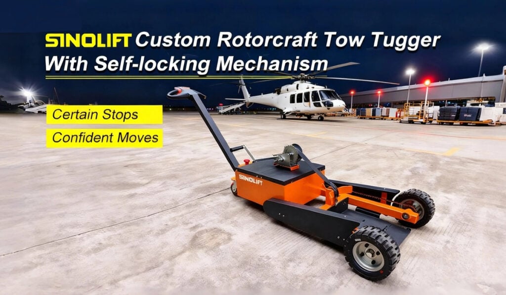 The compact Sinolift tow tractor moving a helicopter within a tight hangar environment, demonstrating precise control.