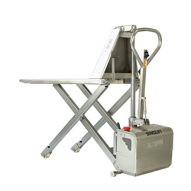 Hygienic Electric High Lift Pallet Truck operating efficiently in a cleanroom food processing facility.
